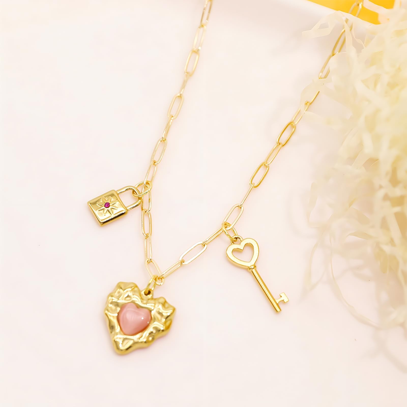 Multi Charm Necklace for Women Chunky Gold Plated Paperclip Chain Choker Ne – 07