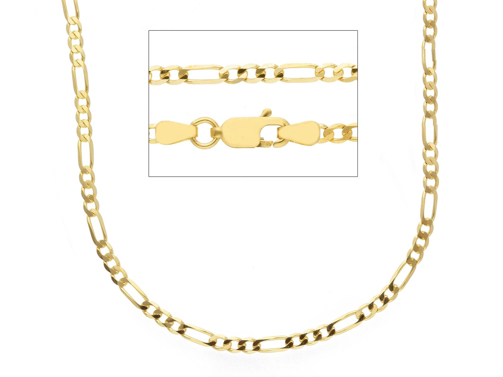 SOLID 18K GOLD FIGARO GOURMETTE CHAIN THIN 2mm WIDTH 24″ ALTERNATE 3+1 NECKLACE