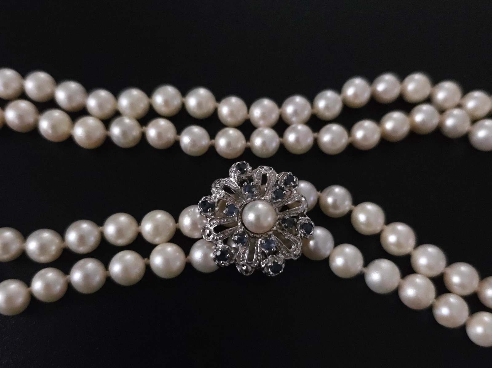 46″ Akoya Pearl Necklace Rope 6.5–7mm w/ .835 Silver Sapphire Enhancer .80ctw