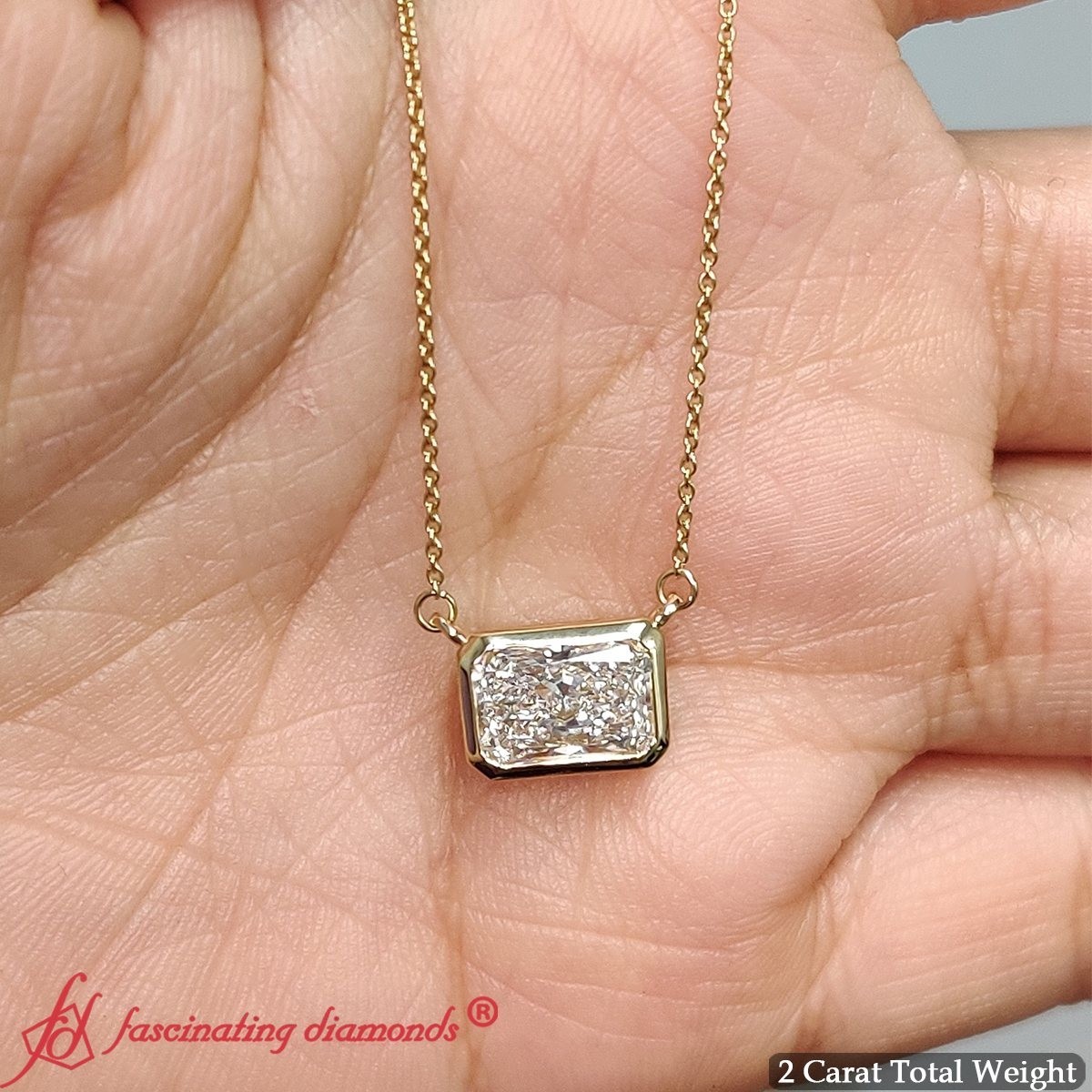 IGI Certified East West Radiant Lab Diamond Pendant 14K Gold Bezel Set Necklace