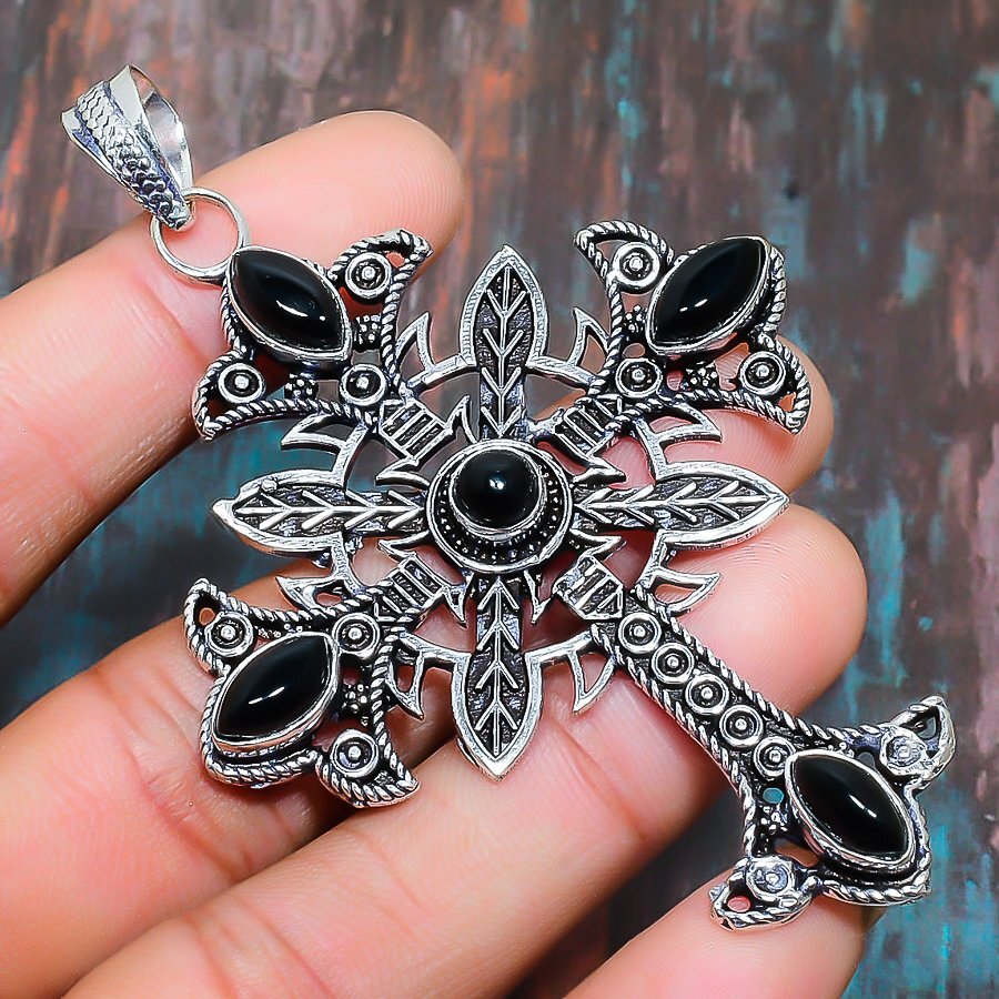 Cross Black Onyx Gemstone Handmade Gift Jewelry Pendant 3.35″ R912