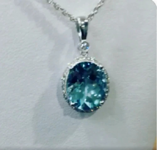 3Ct Oval Cut Blue Topaz Halo Pendant Necklace 14k White Gold Finish Free Chain