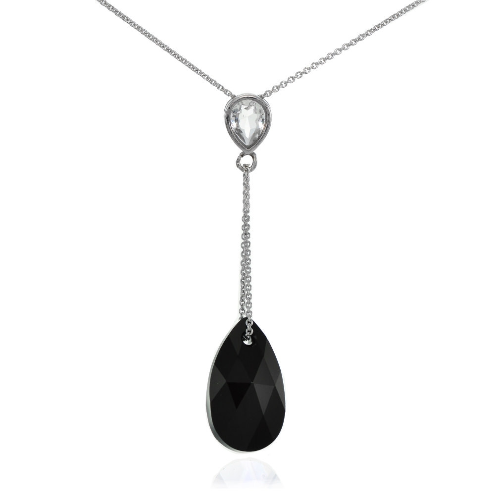 Sterling Silver Black Teardrop Leaf Drop Necklace Adorned w/ European Crystals