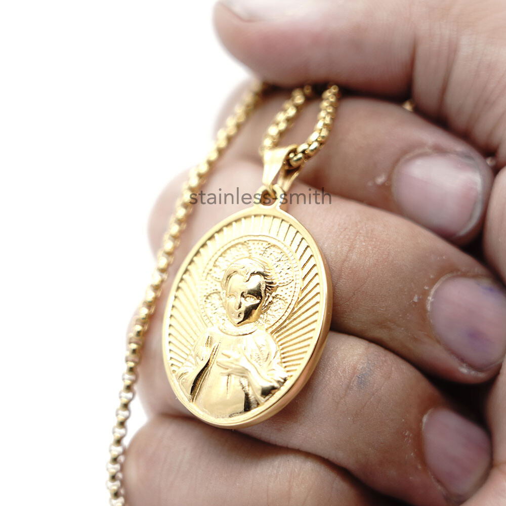 Mens Womens Gold Plated Baby Jesus Medallion Pendant Necklace Stainless Steel