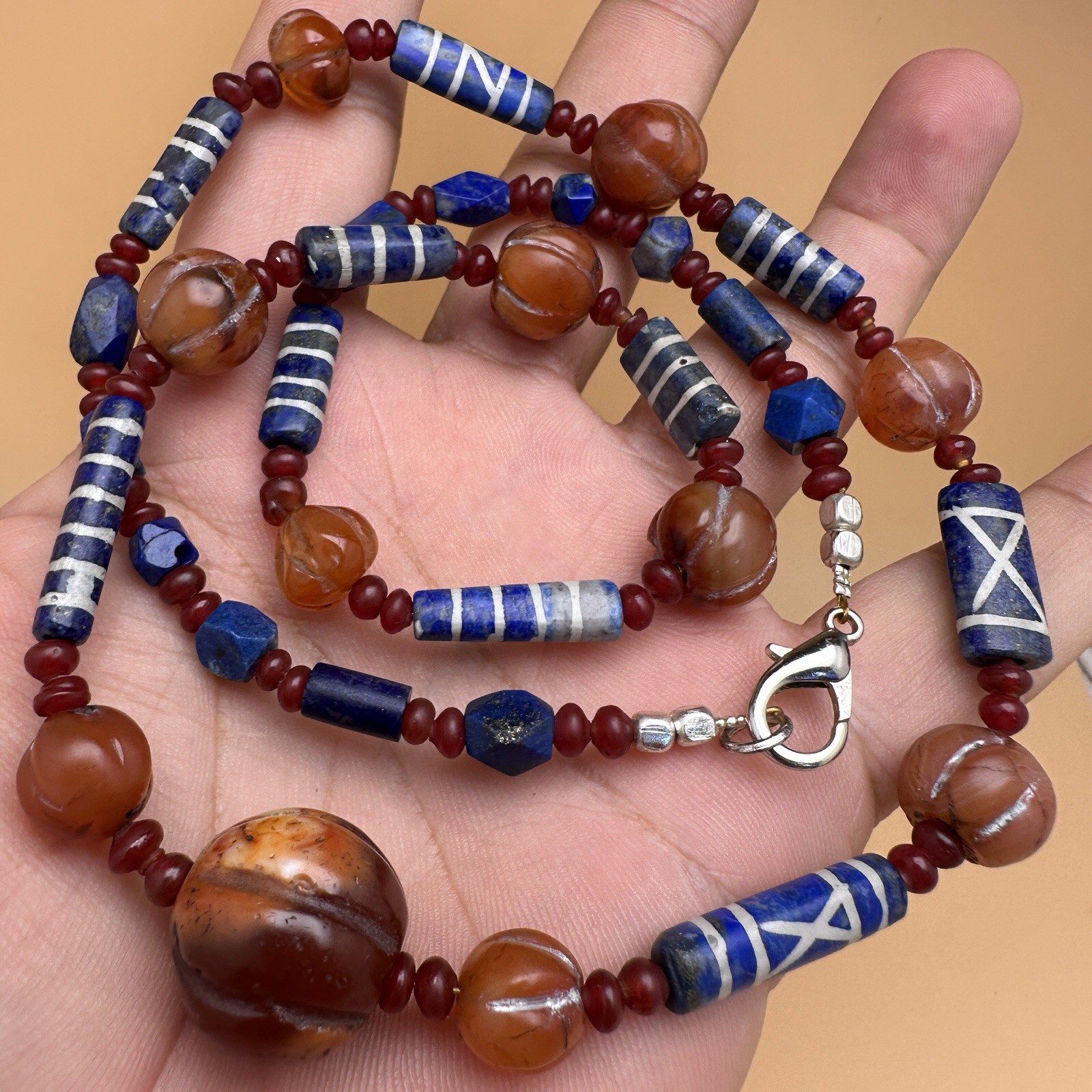 Genuine Antique Etched Lapis Carnelian Pyu Culture Beaded Beautiful Necklace