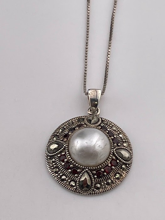 NF THAILAND 925 STERLING SILVER MARCASITE PEARL GARNET NECKLACE 18″ 3679
