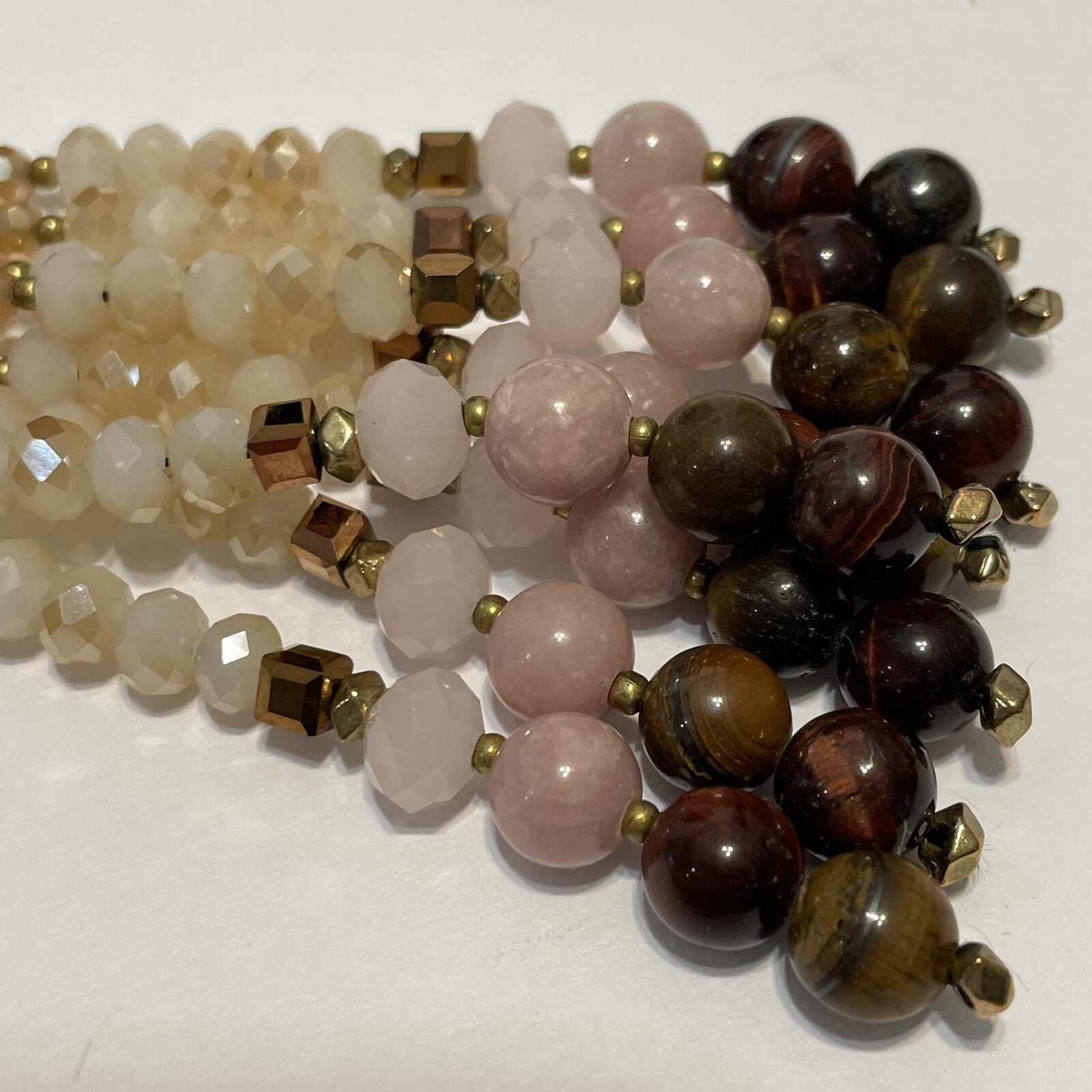 31-36” long tassel Beaded Necklace natural stones smoky rose quartz Tigers eye