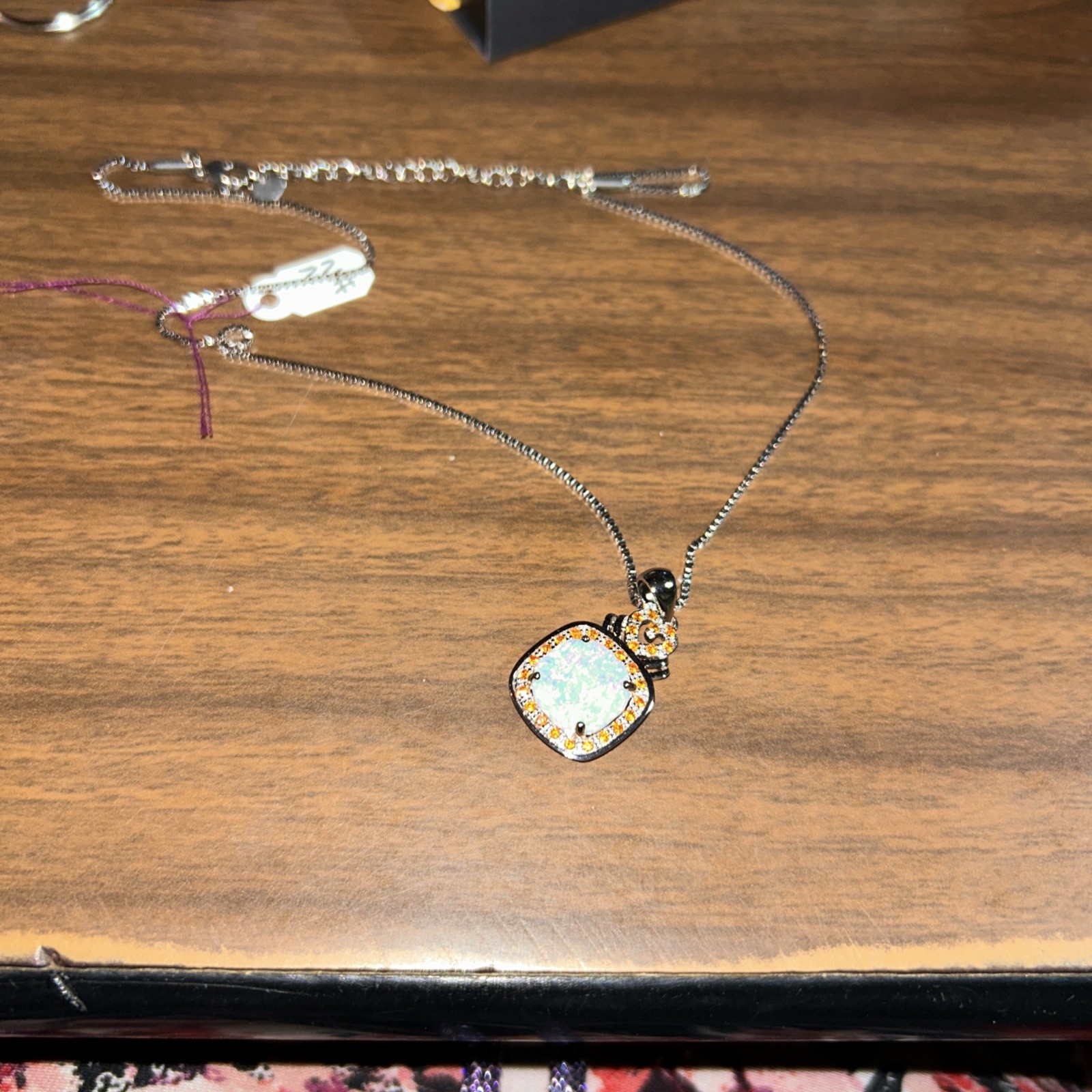 Square Cut Fire, Opal Cz Orange Halo Pendant Silvertone Box Chain 18 Inches ￼