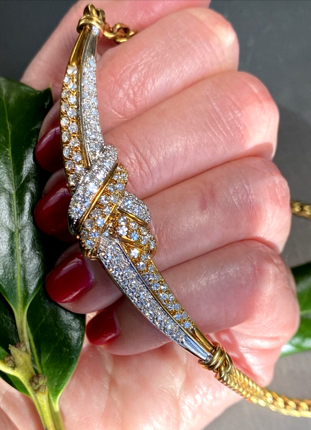 18K Yellow White Gold Diamond Love Knot X Crescent Vintage Cuban Chain Necklace
