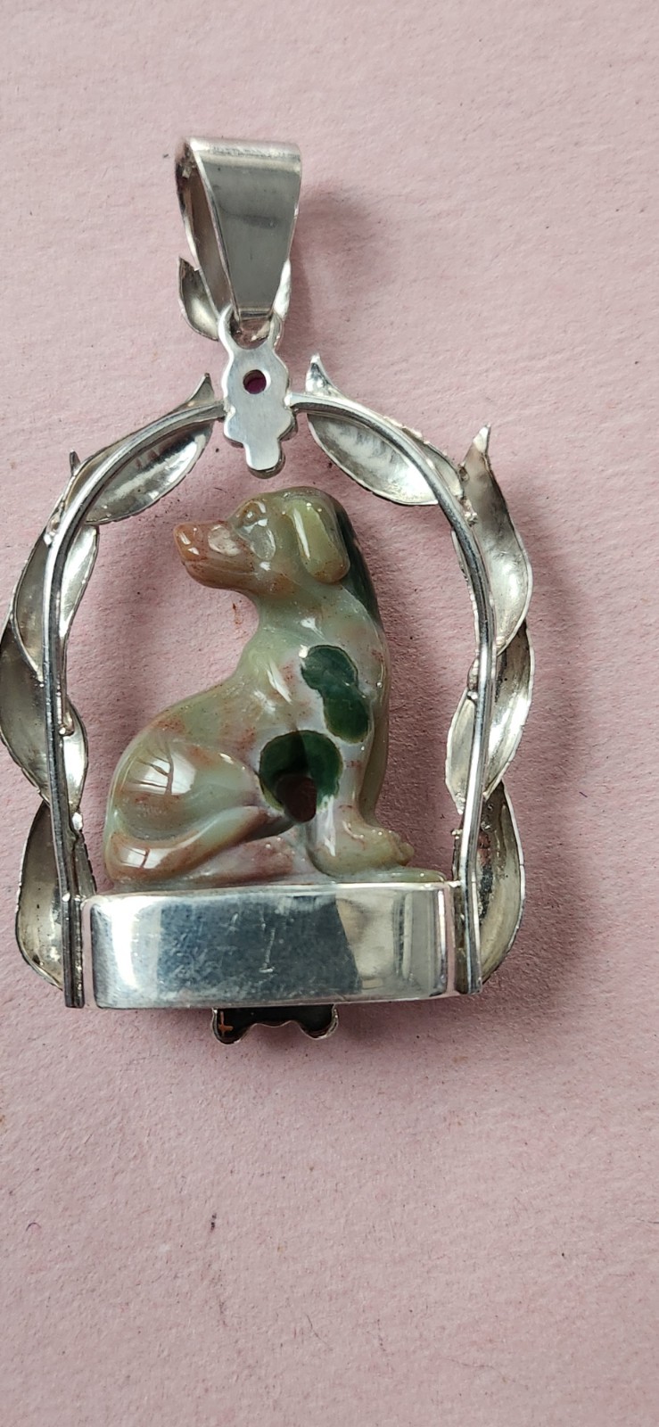 Sajen Signed 925 Sterling Silver Jasper Carved Dog Pendant Animals & Insects