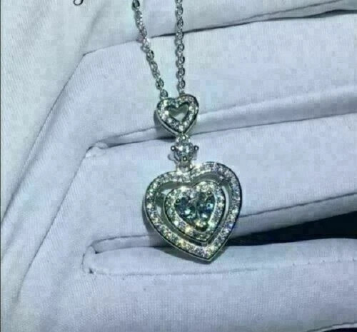 1.50Ct Heart & Round Cut Diamond Bezel Halo Pendant Necklace 14K White Gold Over