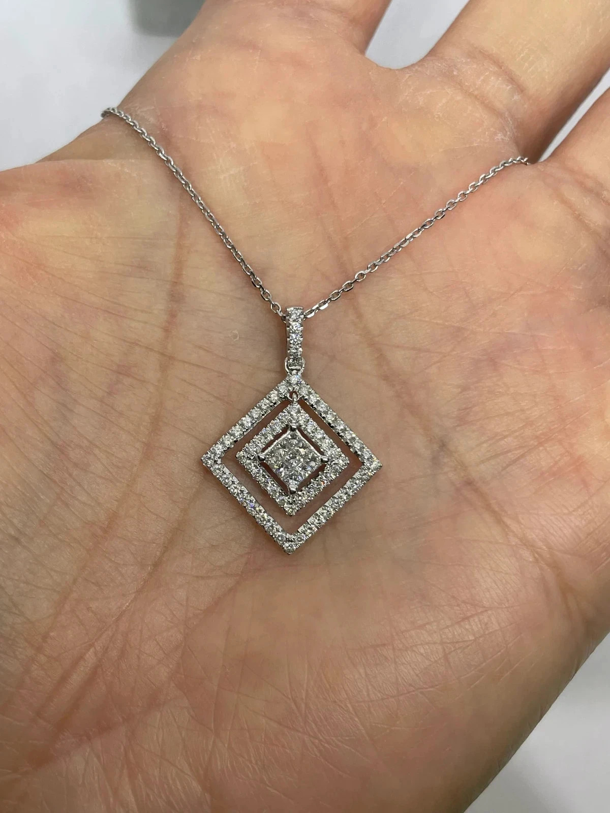 3Ct Round Cut Natural Moissanite Square Necklace Pendant 14K White Gold Plated