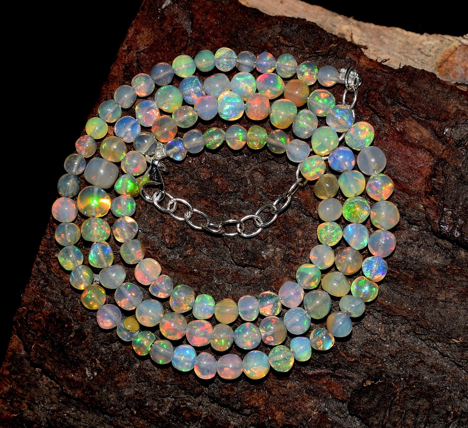 Solid925 Silver Necklace 16″Natural Ethiopian Opal Gemstone Round Balls Necklace