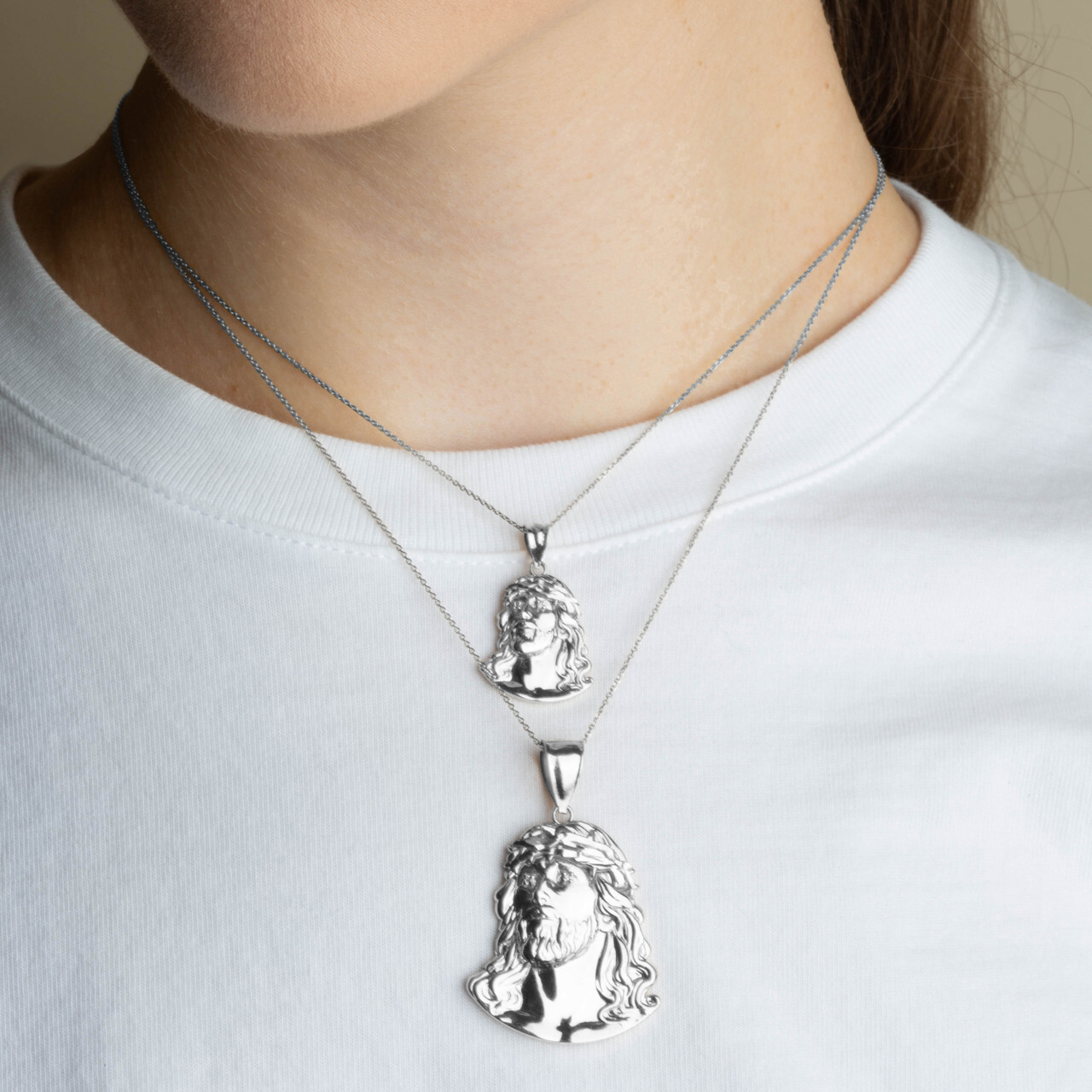 .925 Sterling Silver Jesus Christ Face Diamond Cut Pendant Necklace (S/M/L)