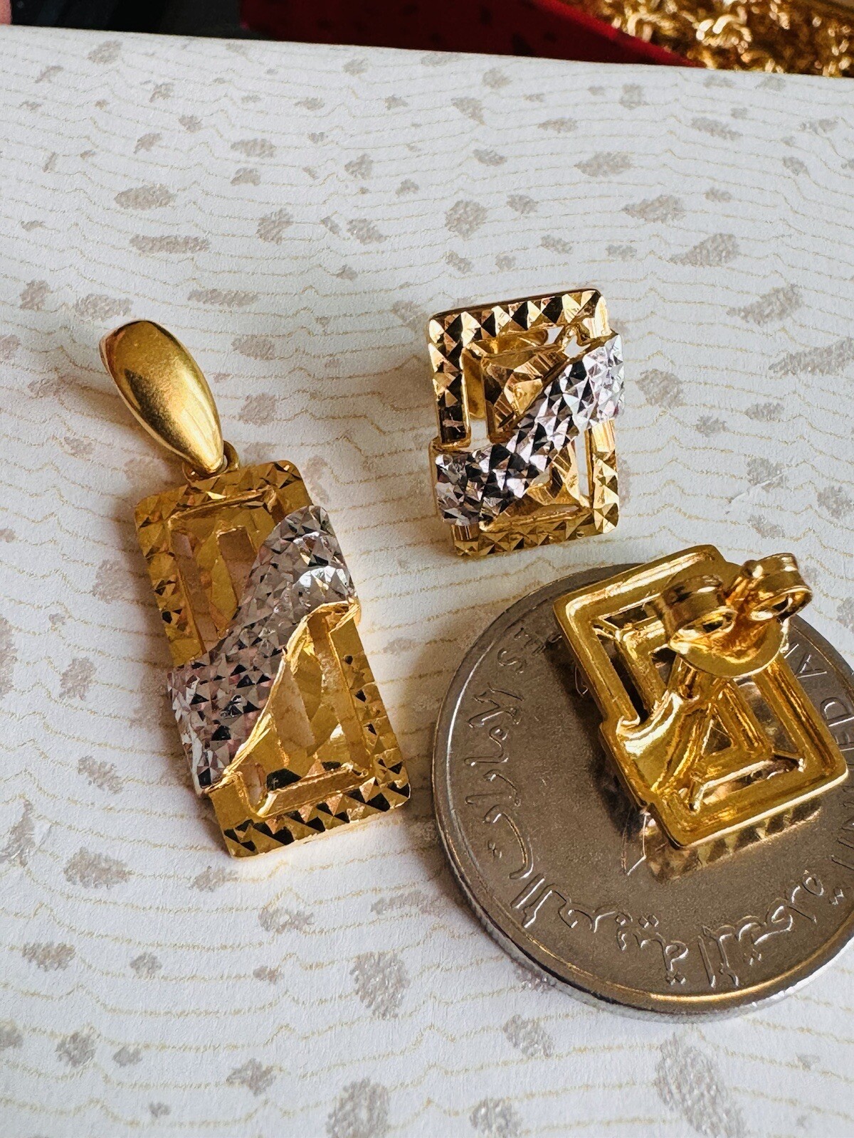 22K 916 22CT Fine Real Gold Unique Two tone Earring & Pendant 8.2G