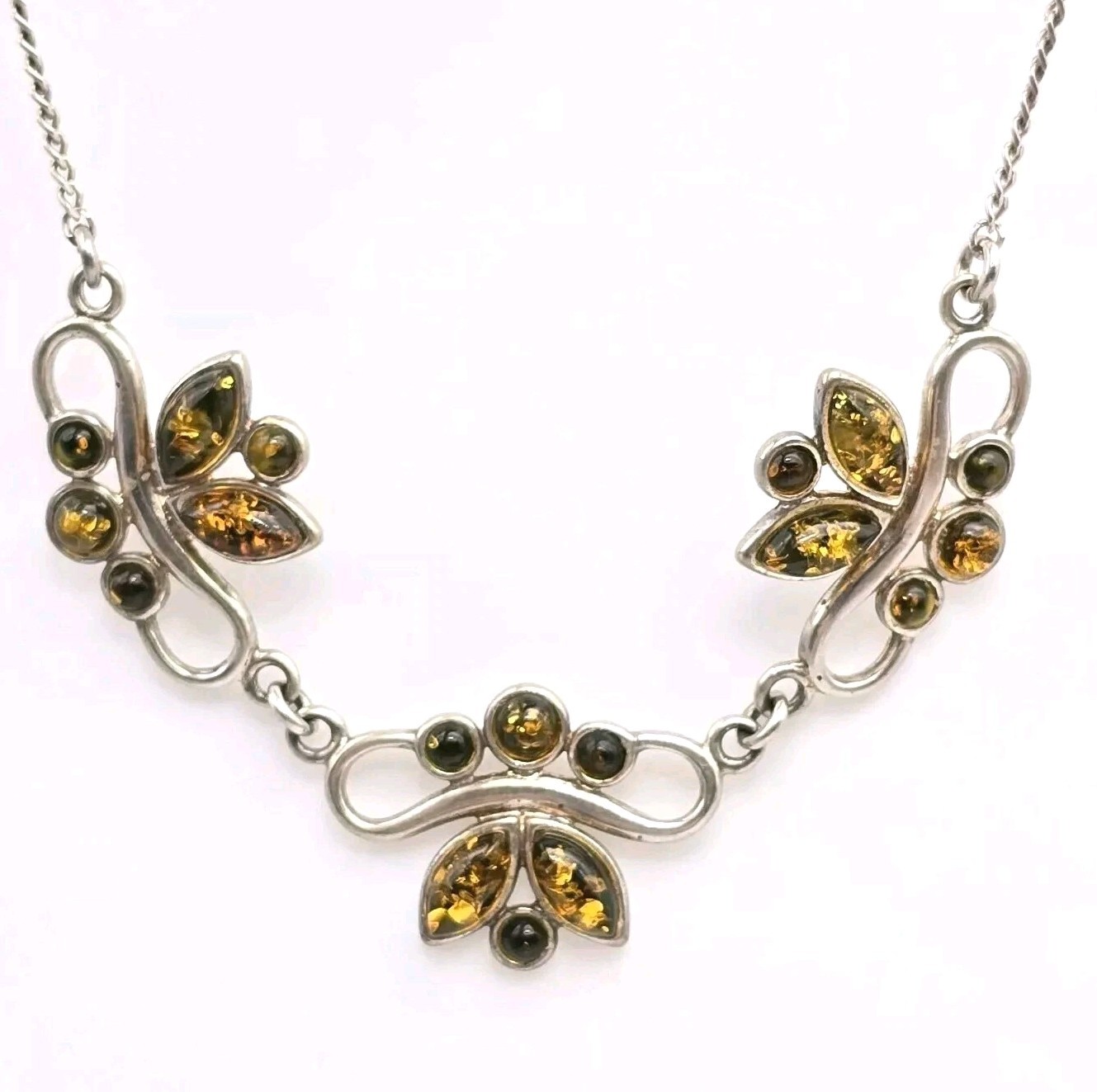 Baltic Amber Sterling Silver Necklace Fall Leaves 18 Inches