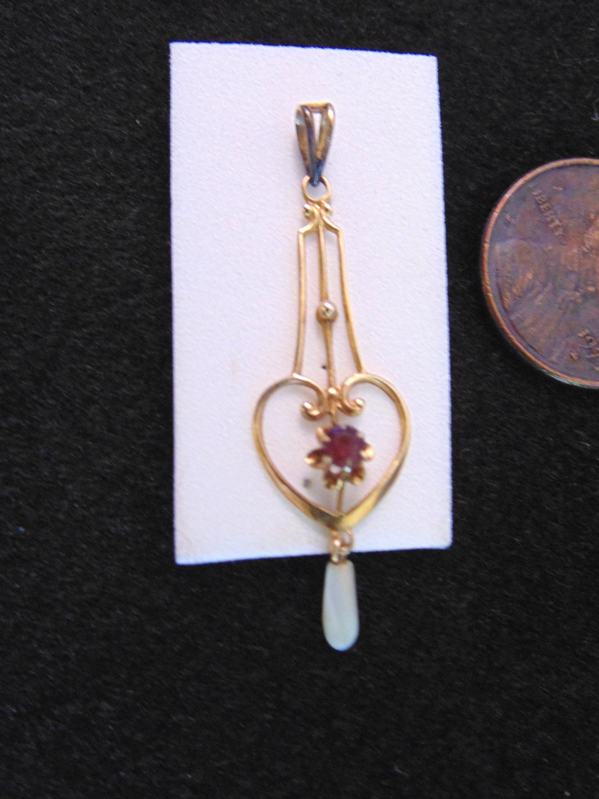 Antique Dainty Heart Lavalier Pendant Yellow Rose Gold Ruby Pearl Dangle