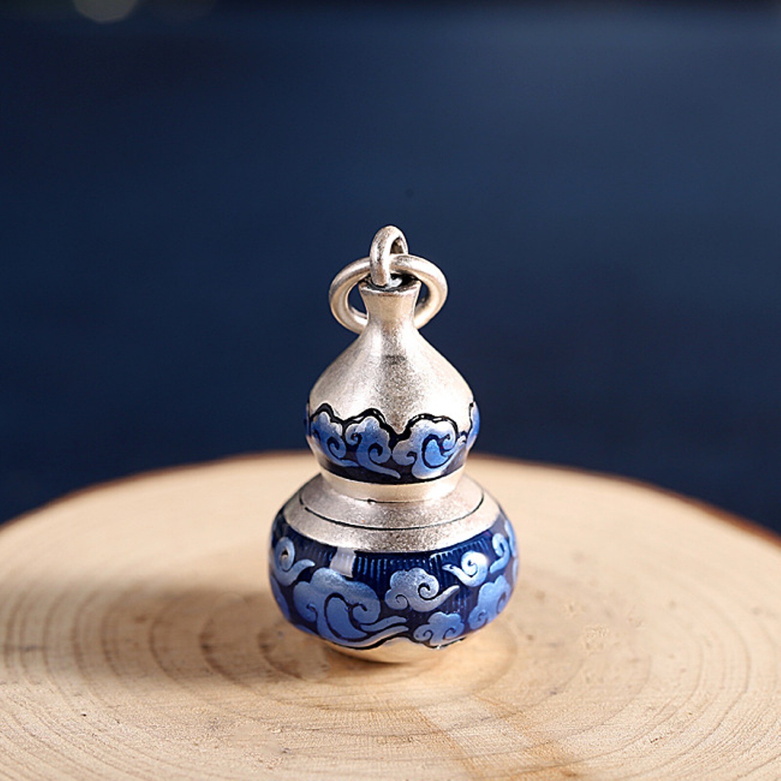 Pure S925 Sterling Silver Men Women Lucky Blue Enamel Gourd Box Pendant 15.5g