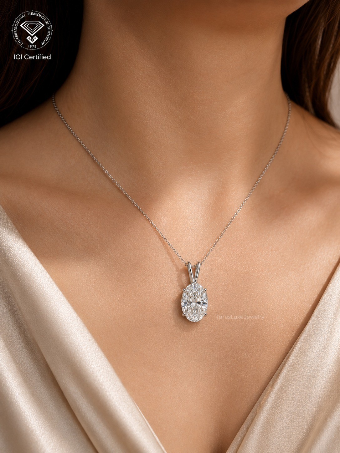 2 CT Oval Cut E/VS1 Lab Grown Diamond Wedding Necklace Pendant 18K White Gold