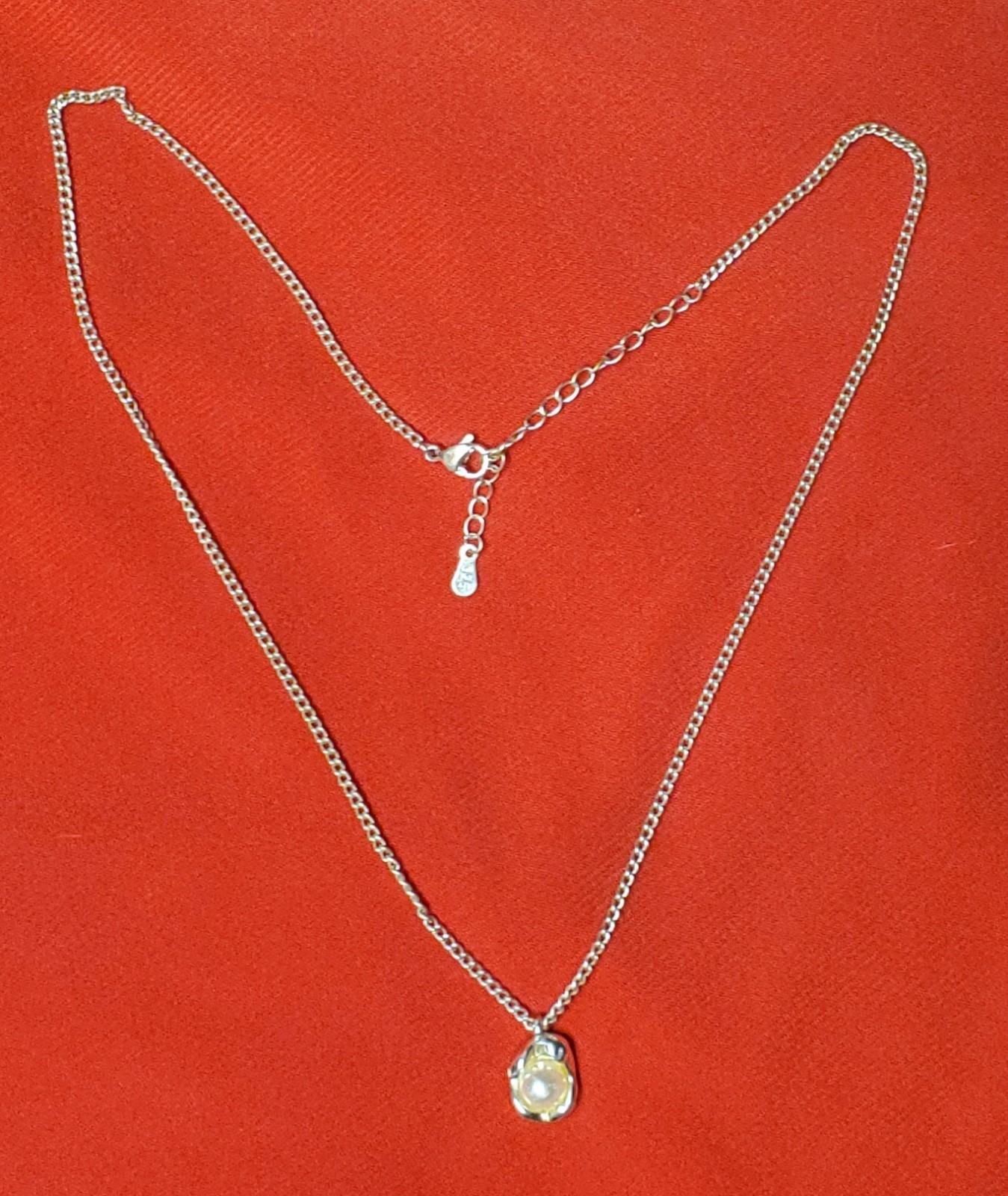 925 Sterling Silver Molten Pearl Pendant Necklace – 17″ Curb Chain + 1″ Extender