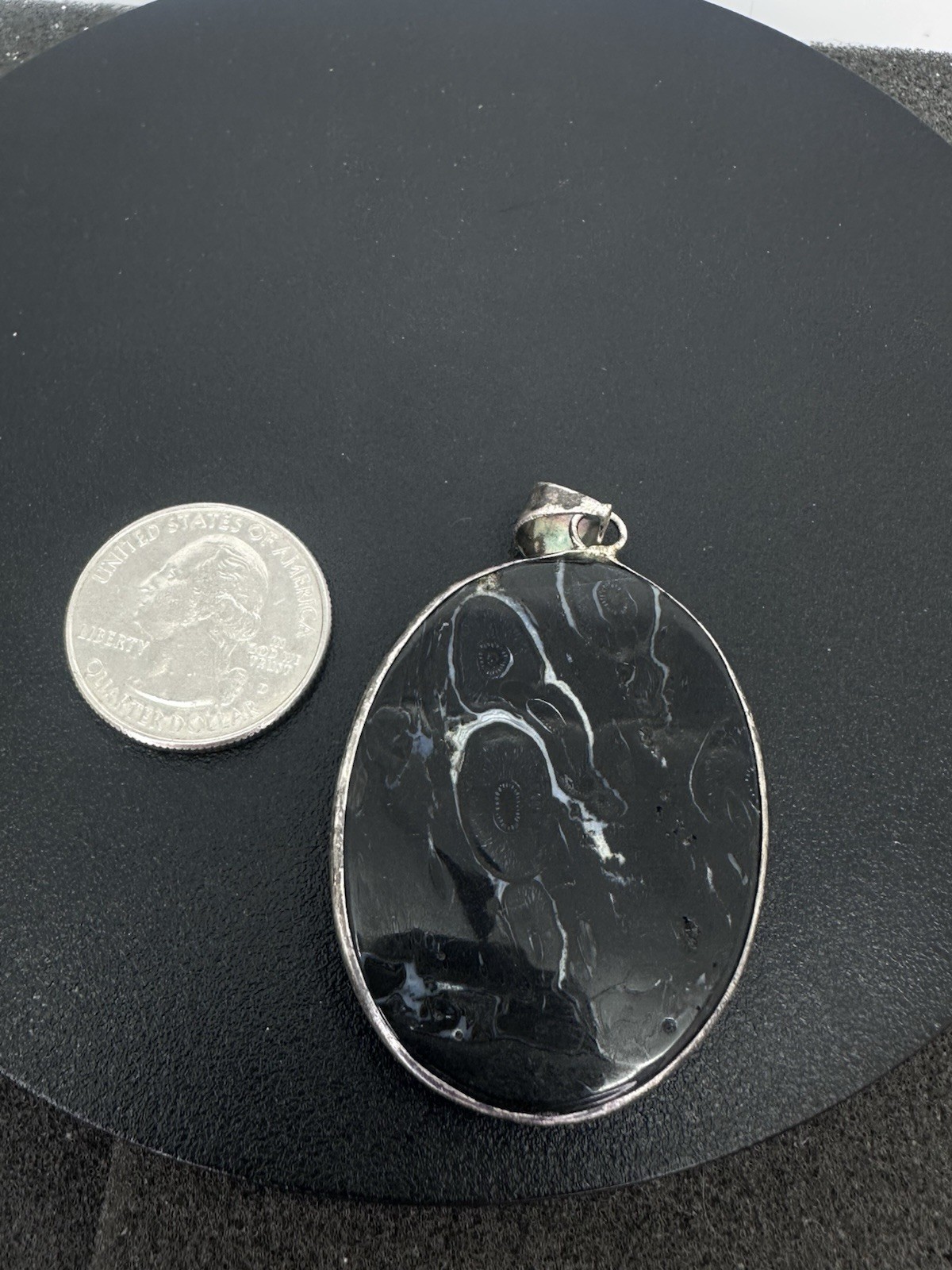 Sterling Silver Unknown Black Stone? Pendant Nice Large Flat Pendant