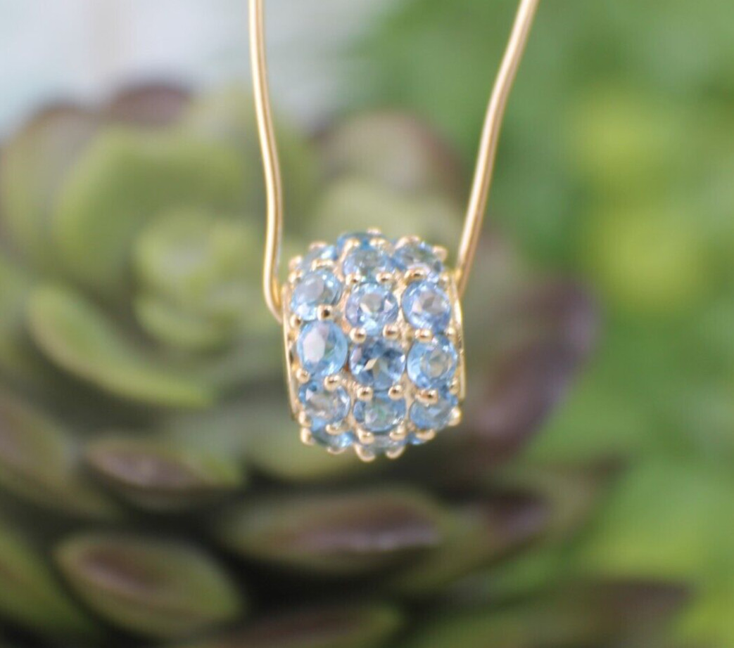 Solid 10K Yellow Gold Pave Bead Blue Topaz Pendant Slide Loads of Sparkle