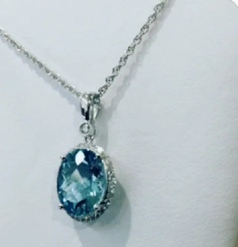 3Ct Oval Cut Blue Topaz Halo Pendant Necklace 14k White Gold Finish Free Chain