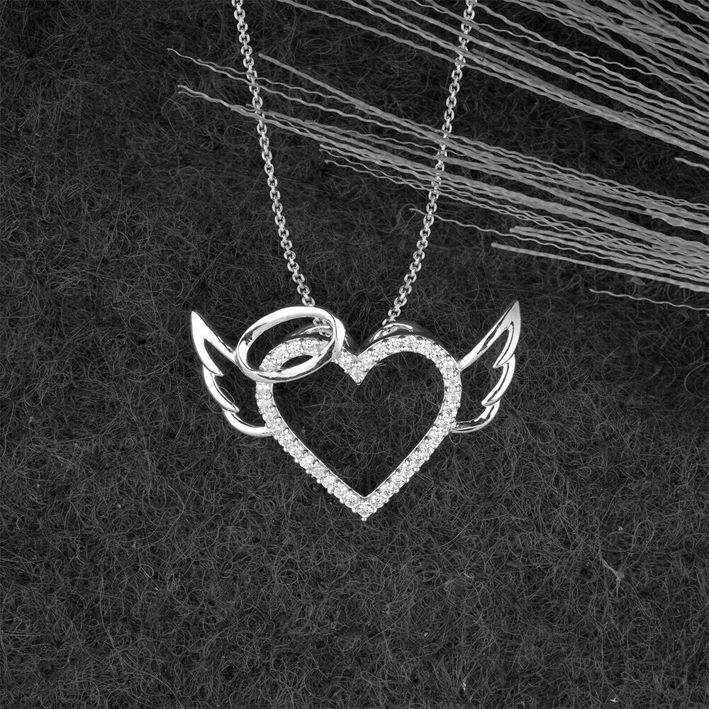 0.18 Ct Natural Diamond Angel Heart Pendant Necklace in White Gold Plated Silver
