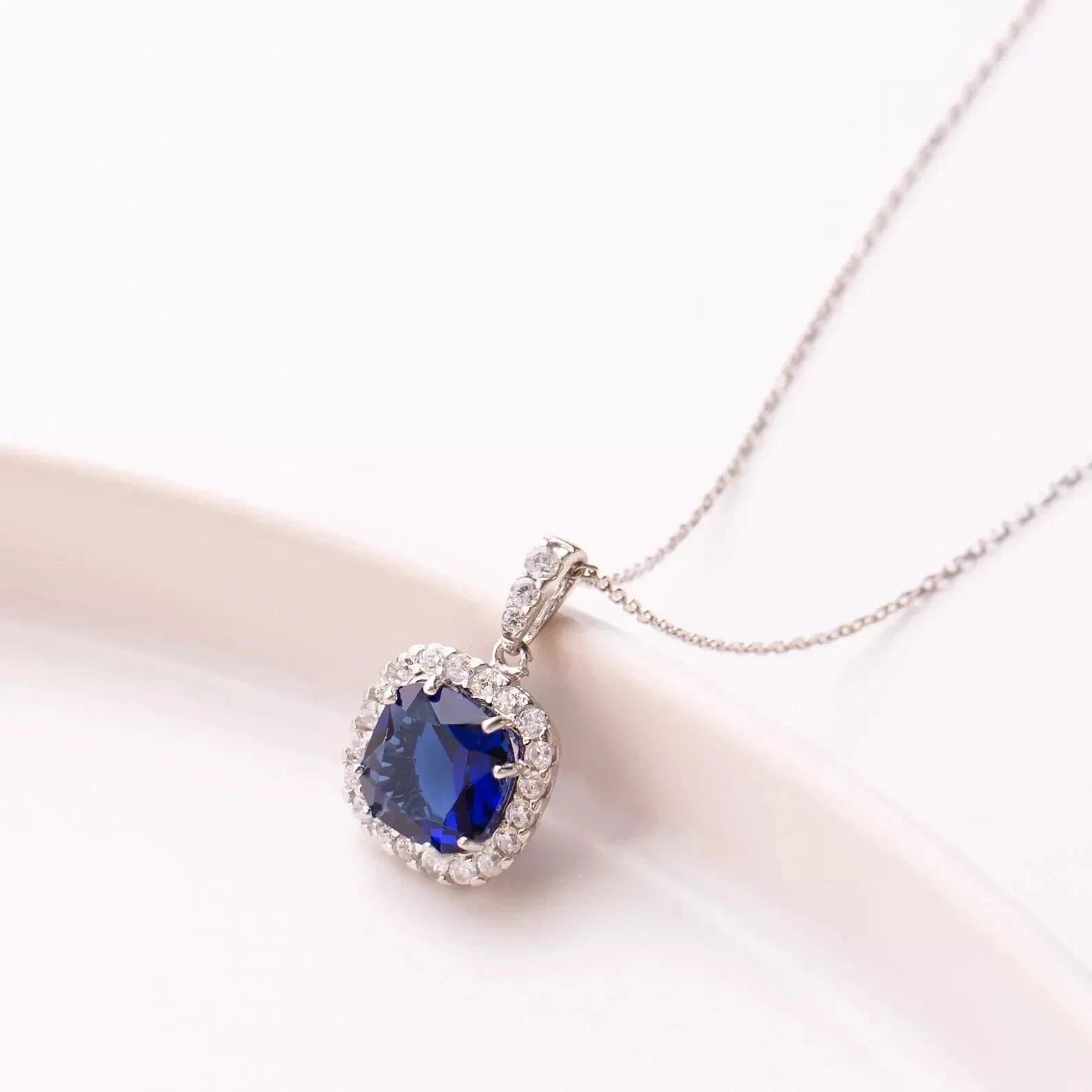 3.60Ct Cushion Cut Natural Blue Sapphire & Diamond Luxury Pendant 14K White Gold