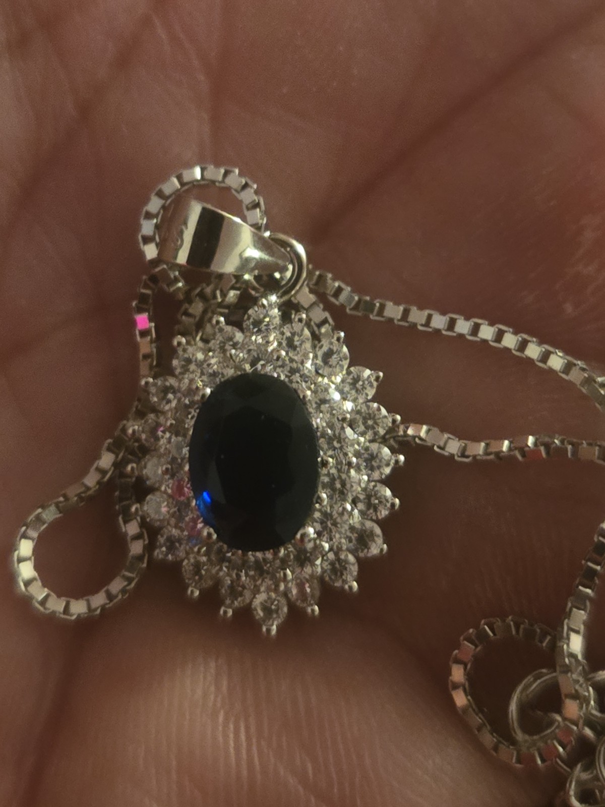 925 Sterling Silver Oval Blue Sapphire Halo Pendant Necklace Box Chain