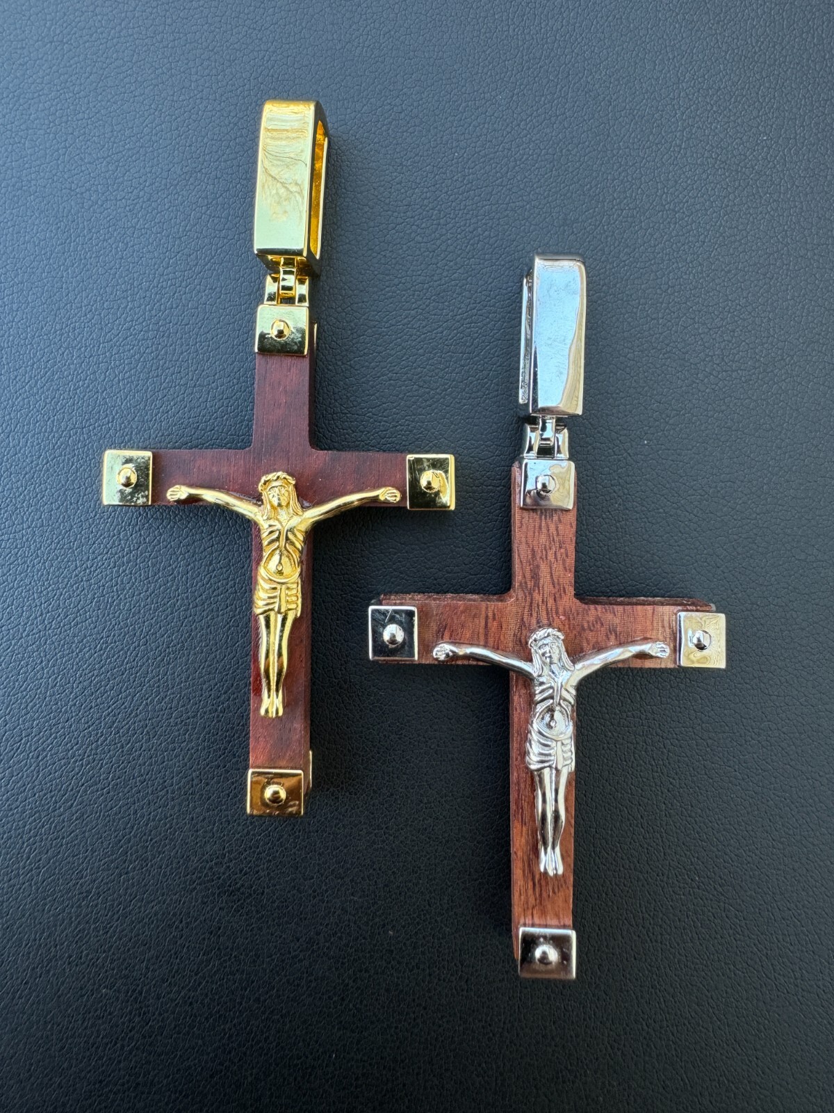 Plain Real 925 Silver & Natural Wood Jesus Cross Pendant Necklace ITALY Handmade