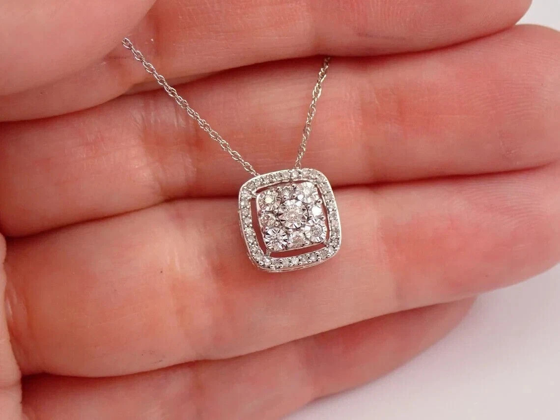 0.80Ct Round Cut Diamond Halo Cluster Pendant 14K White Gold Plated 18″ Chain