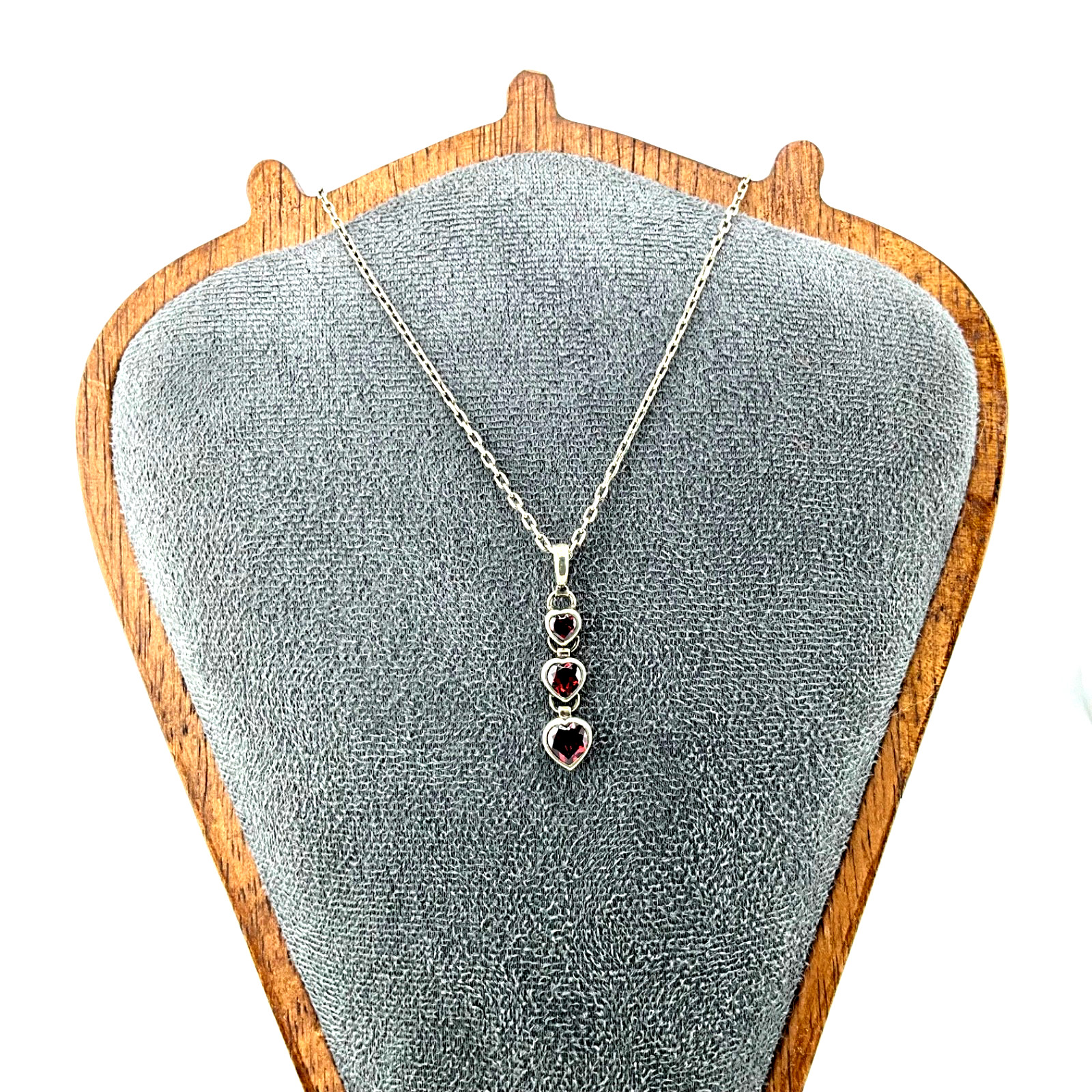 Minimalist Sterling Silver Three Heart Pendant Red Garnet with 17” Chain
