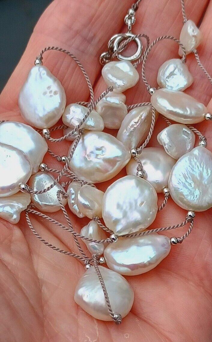 925 Sterling Silver Cultured Freshwater Pearl Long Necklace Keshi Pearl #A46