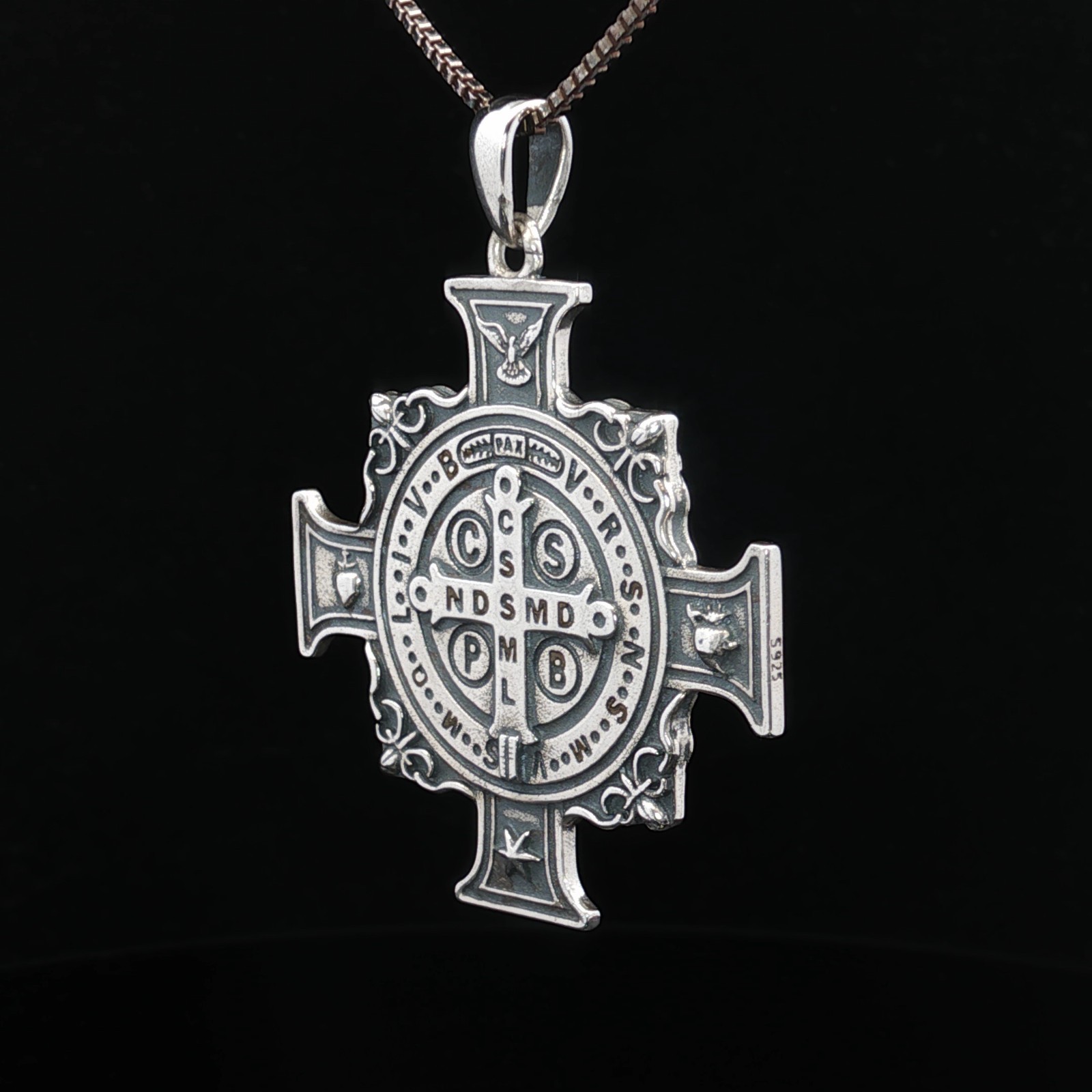 925 Sterling Silver Saint Benedict Two-Sided Cross Necklace