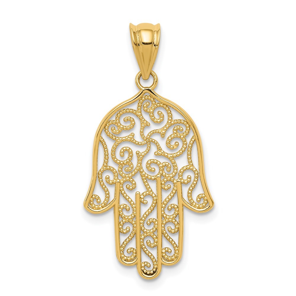 14k Yellow Gold Filigree Hamsa Pendant, 16 x 31mm
