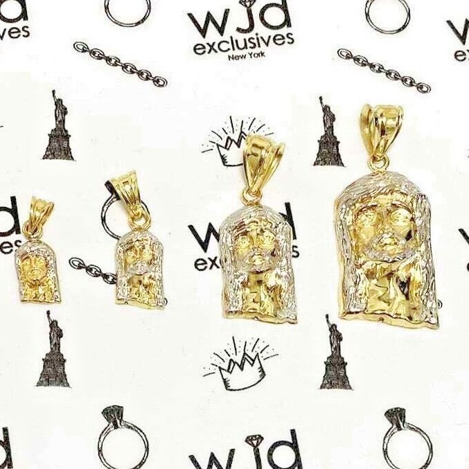 10K Gold Yellow White Diamond-Cut Jesus Head Charm Pendant 0.8”-2.8″