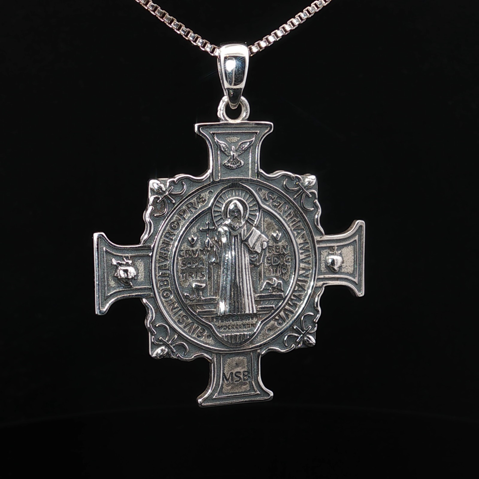 925 Sterling Silver Saint Benedict Two-Sided Cross Necklace