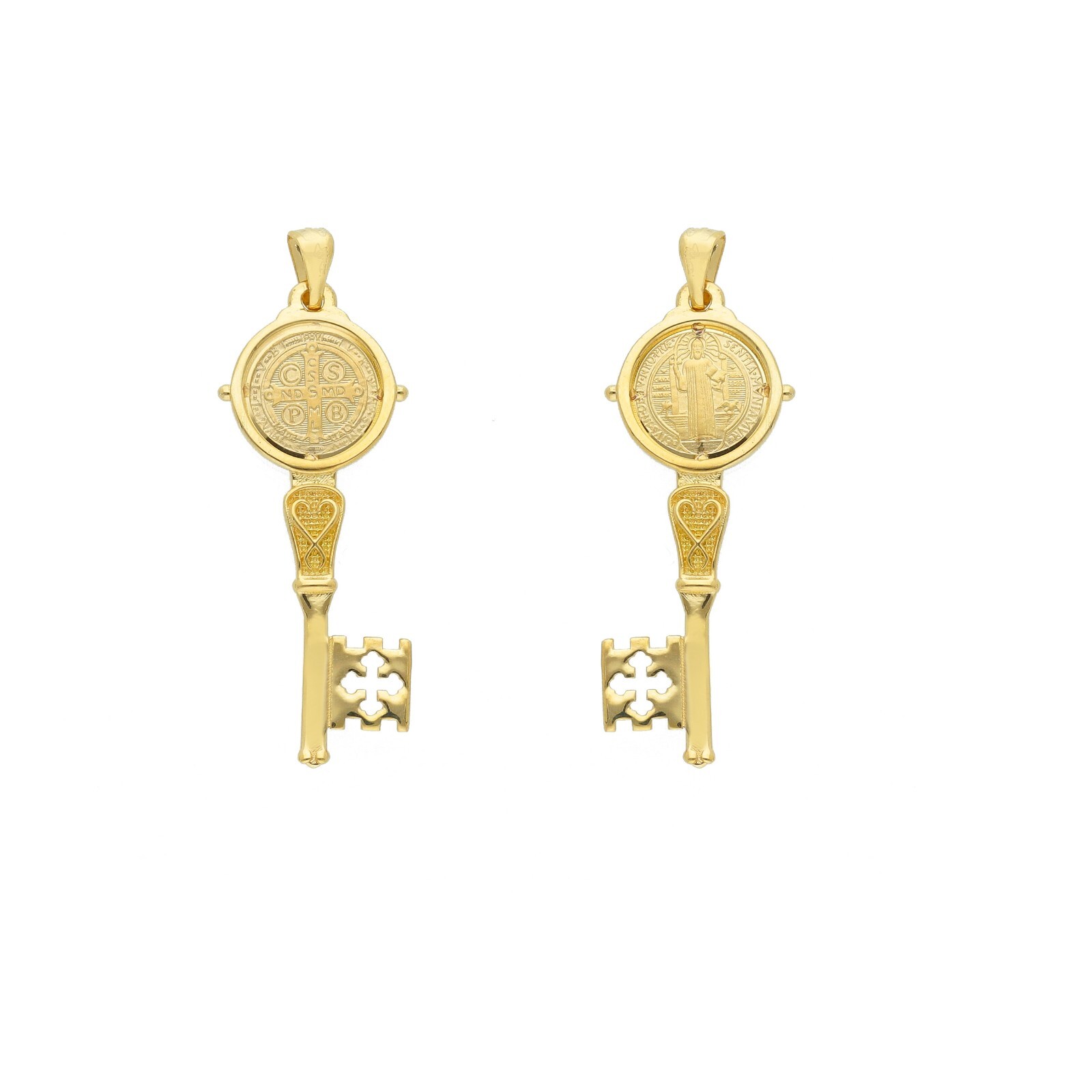 SOLID 18K YELLOW GOLD KEY PENDANT, SAINT BENEDICT MEDAL, CROSS, 1.2 INCHES