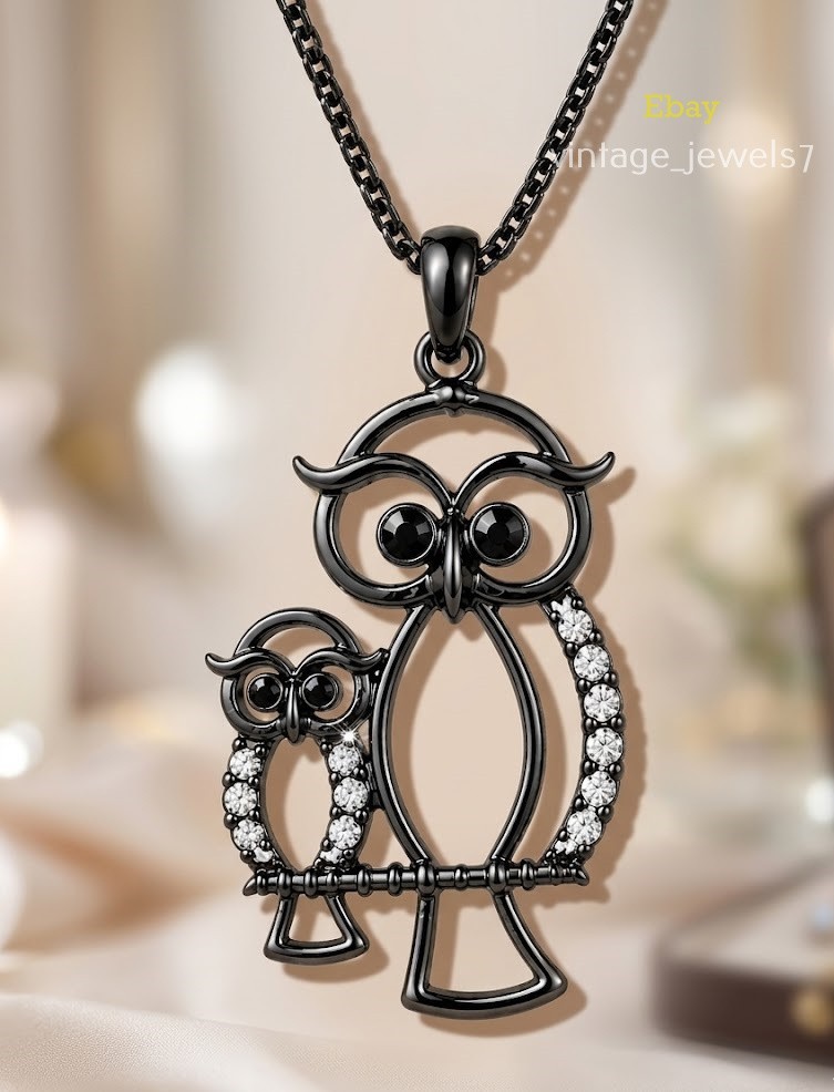 0.51CT Round Cut Lab Created Diamond Cute Two Owl Pendant 14K Black Gold Finish