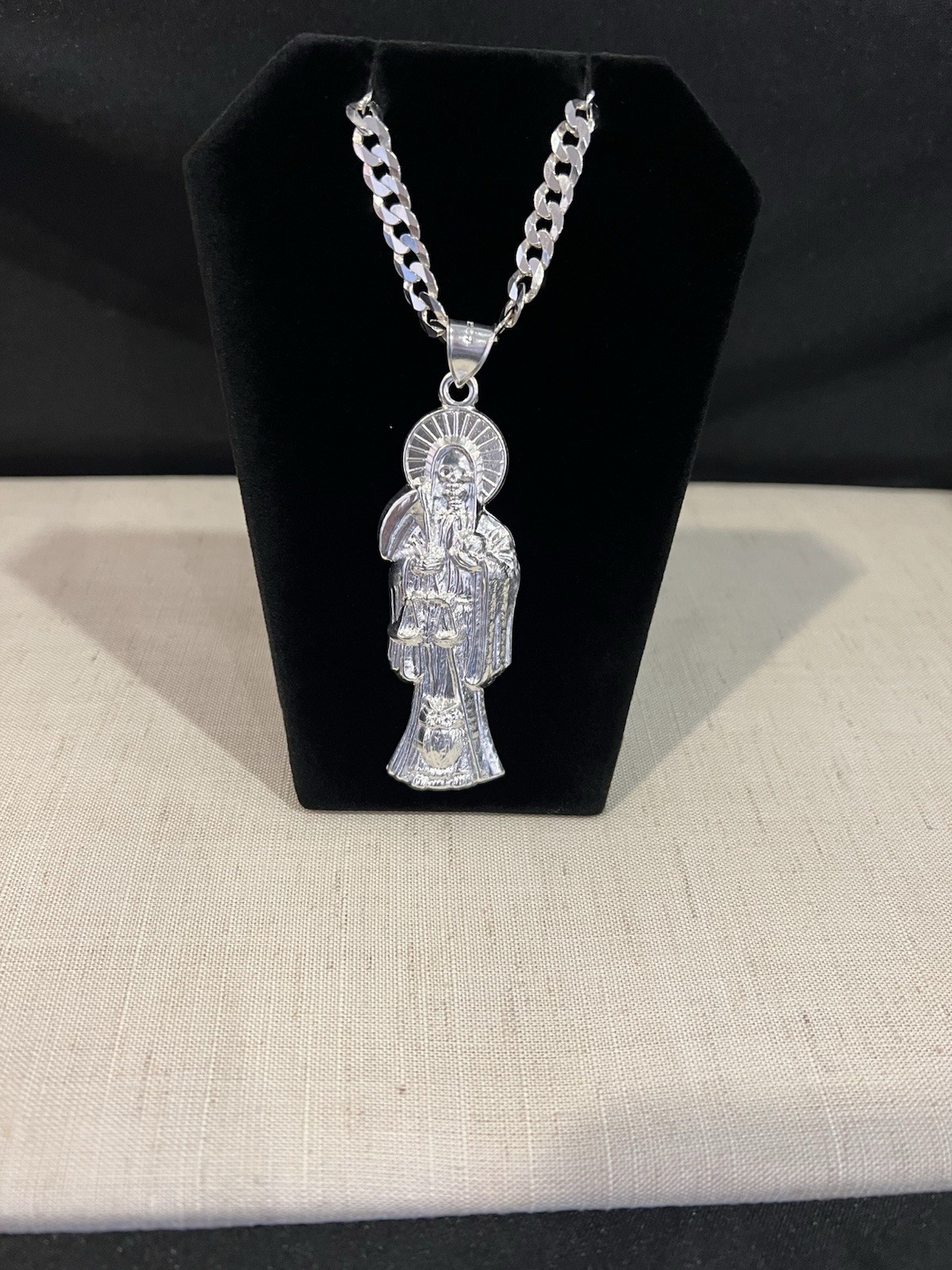 925 Sterling Silver Men Big Santa Muerte Grim Reaper Pendant Curb Chain 22 26 30