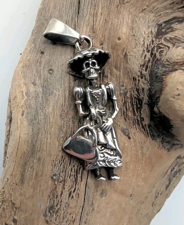 Catrina Day Of The Dead Sterling Silver Pendant w/ Dangle Purse Skeleton Skull
