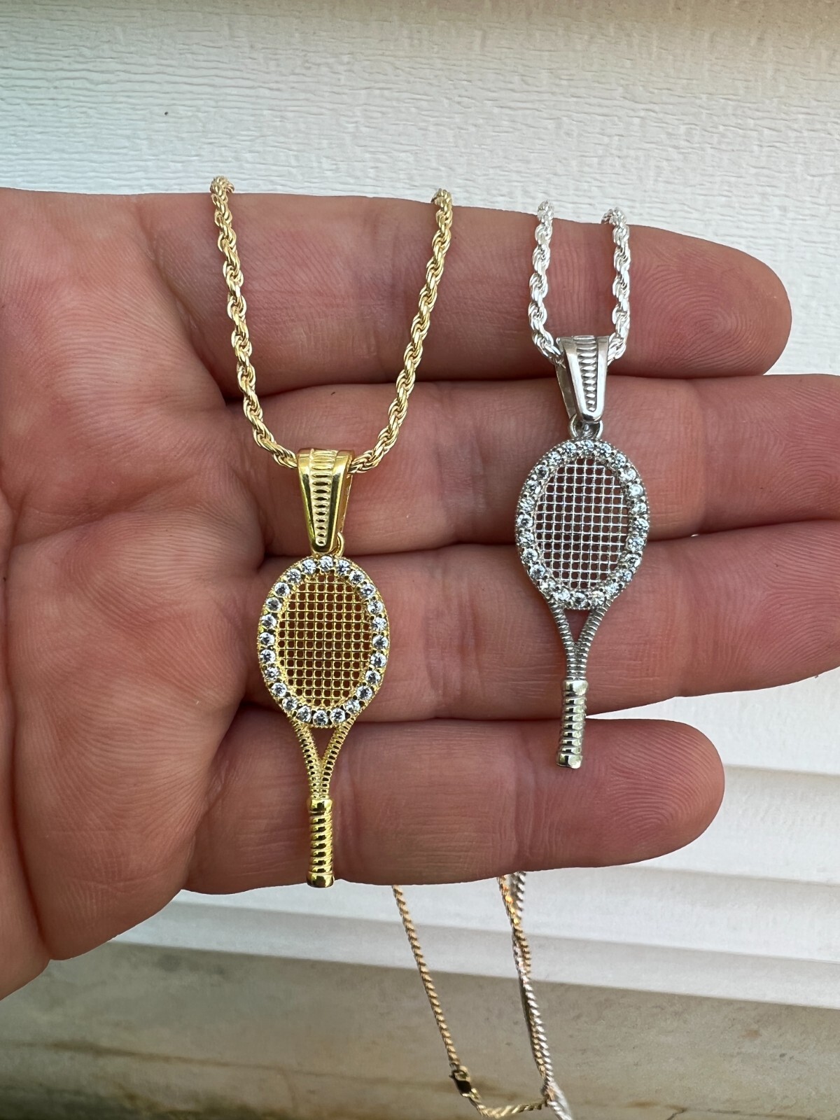 Real 925 Silver 14k Gold Plated Tennis Racket Pendant Necklace Mens Ladies CZ