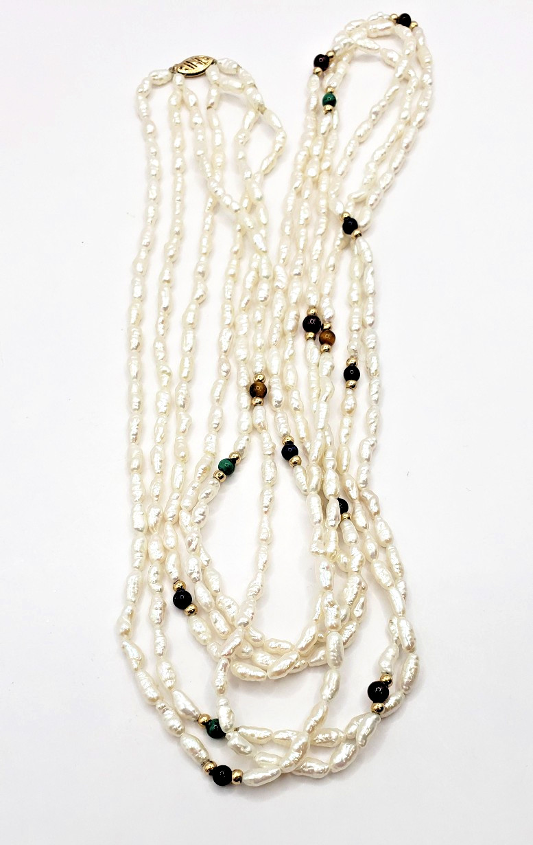 14K Gold Clasp 3 Strand Lapis & Multi Gemstone Rice Seed Pearl Necklace 33 Inch