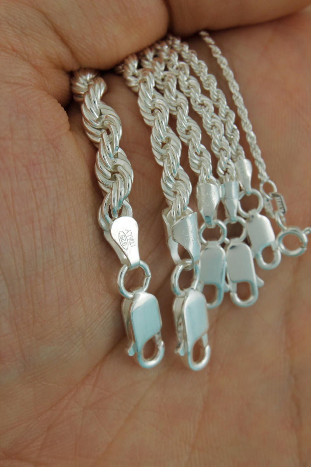 Italian Solid 925 Sterling Silver Rope Chain Link Necklace Silver Mens Womens