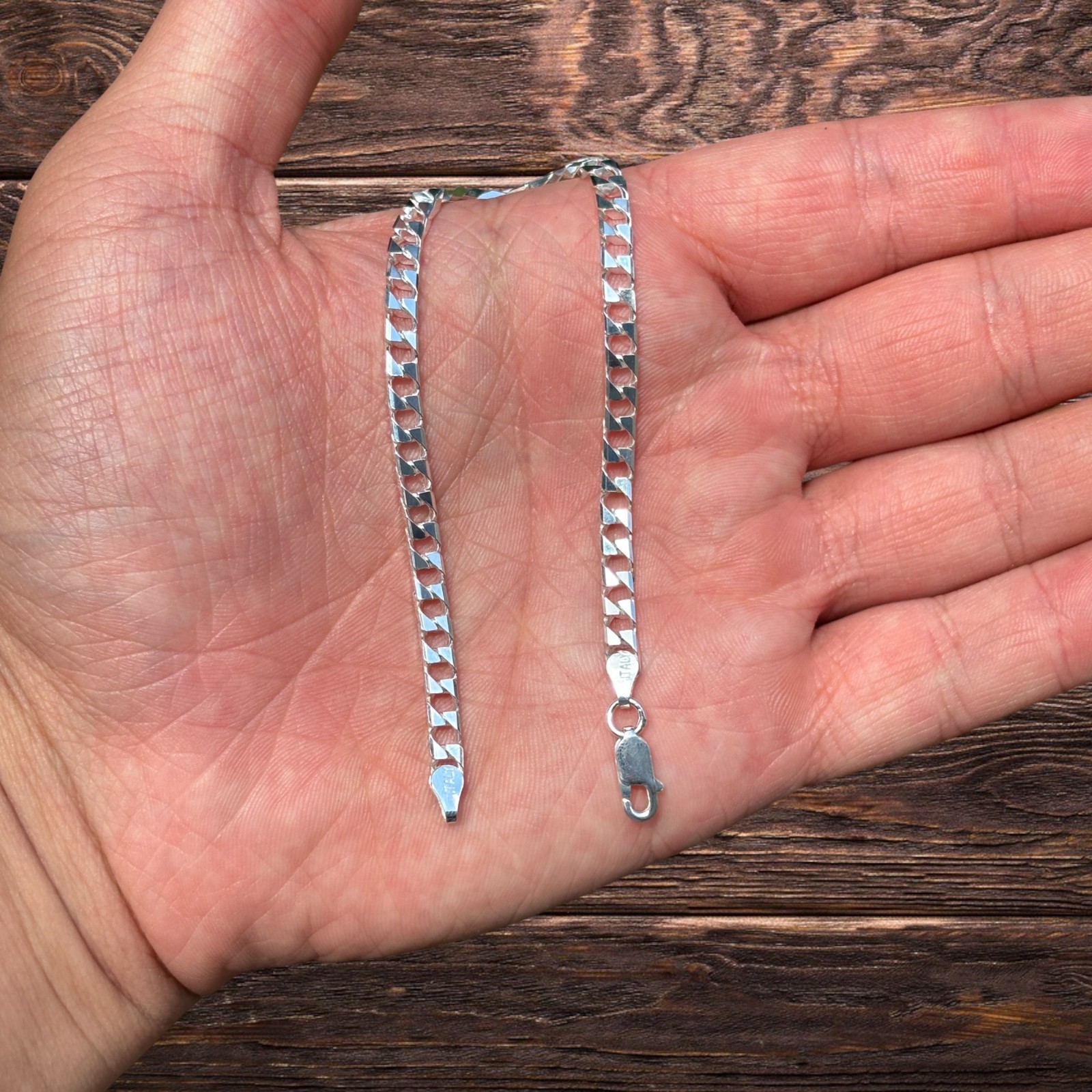 4mm Square Curb Link Bracelet – Real Solid 925 Sterling Silver MADE IN ITALY