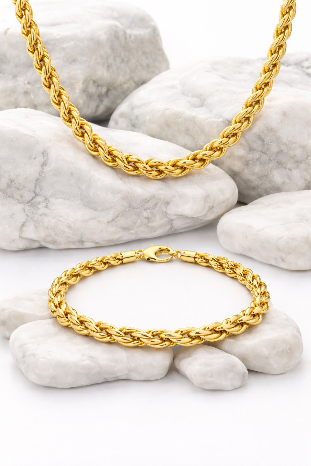 Italian 1/200 14k Yellow Gold Overlay Rope Chain Necklace Bracelet Set Cadena