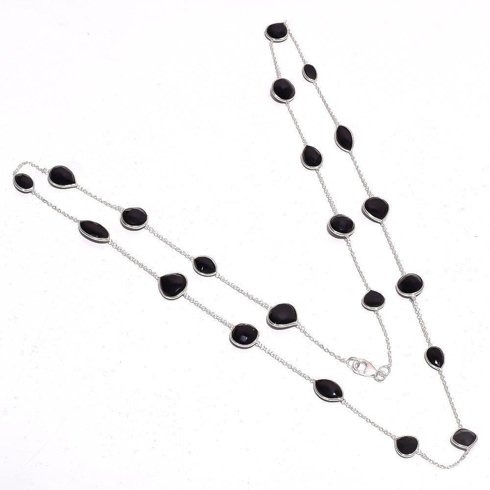 96.87 ct Black Spinel Station Necklace 925 Sterling Silver Long Chain 31.5″