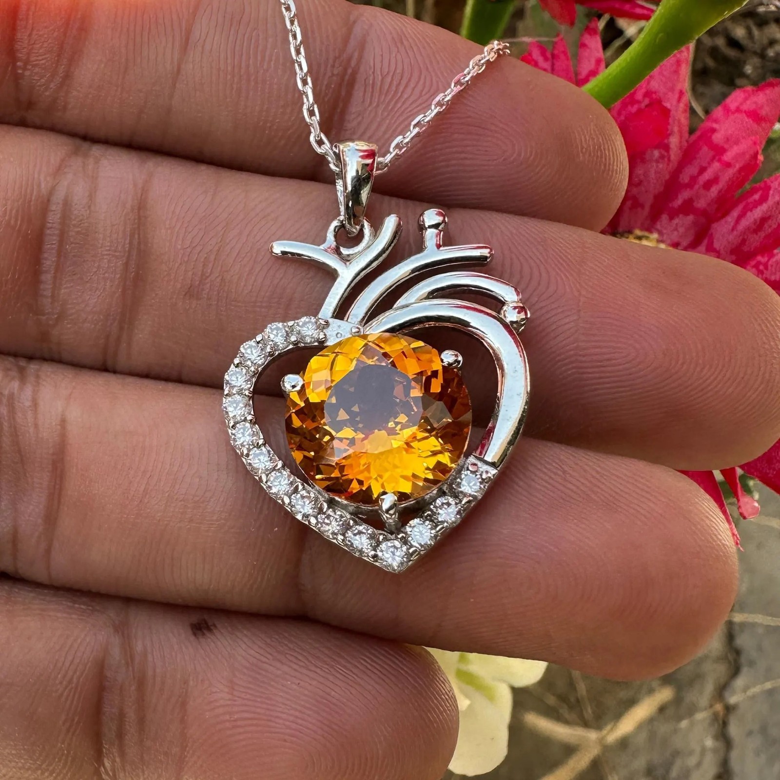 Certified Orange Sapphire 27 Ct Heart Pendant Necklace 925 Sterling Silver
