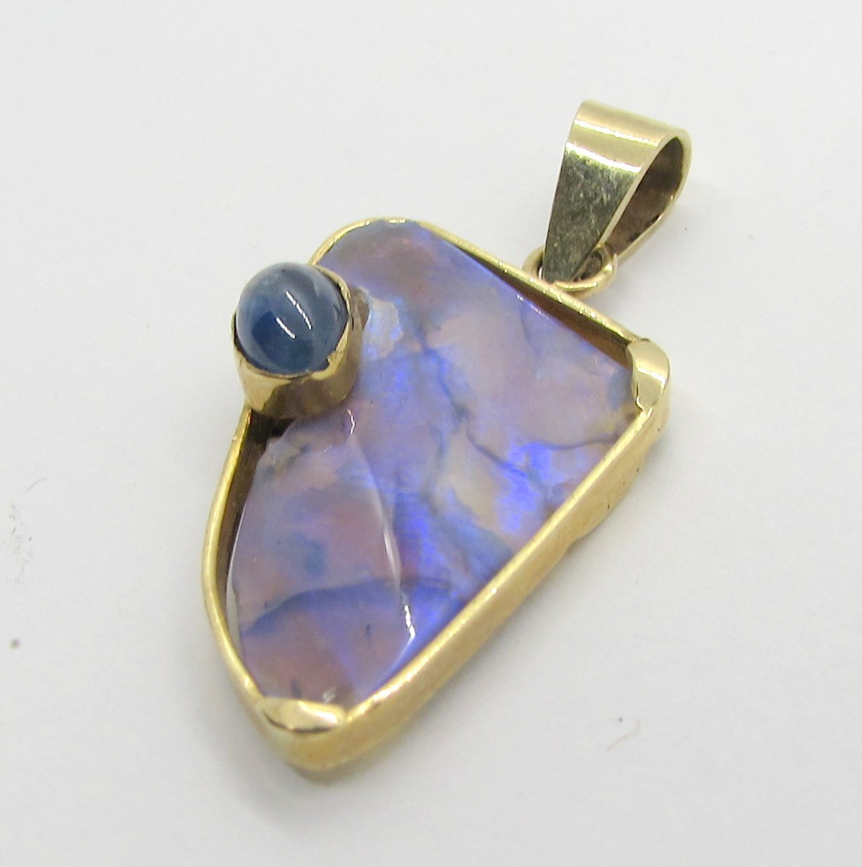 14K YELLOW GOLD LIGHTNING RIDGE OPAL & STAR SAPPHIRE PENDANT 31X16MM ~ 2.6 G